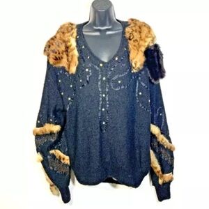 Vintage CACHE Sweater L pullover fur trim sequin wool acrylic blend balloon Slee